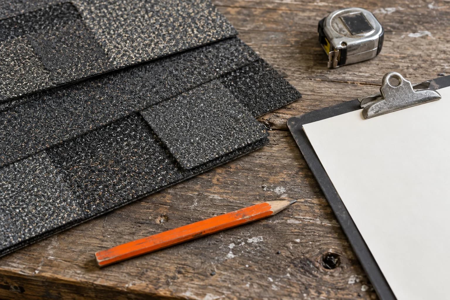 Illustration of roofing samples, a pencil and a clipboard on a workbench
