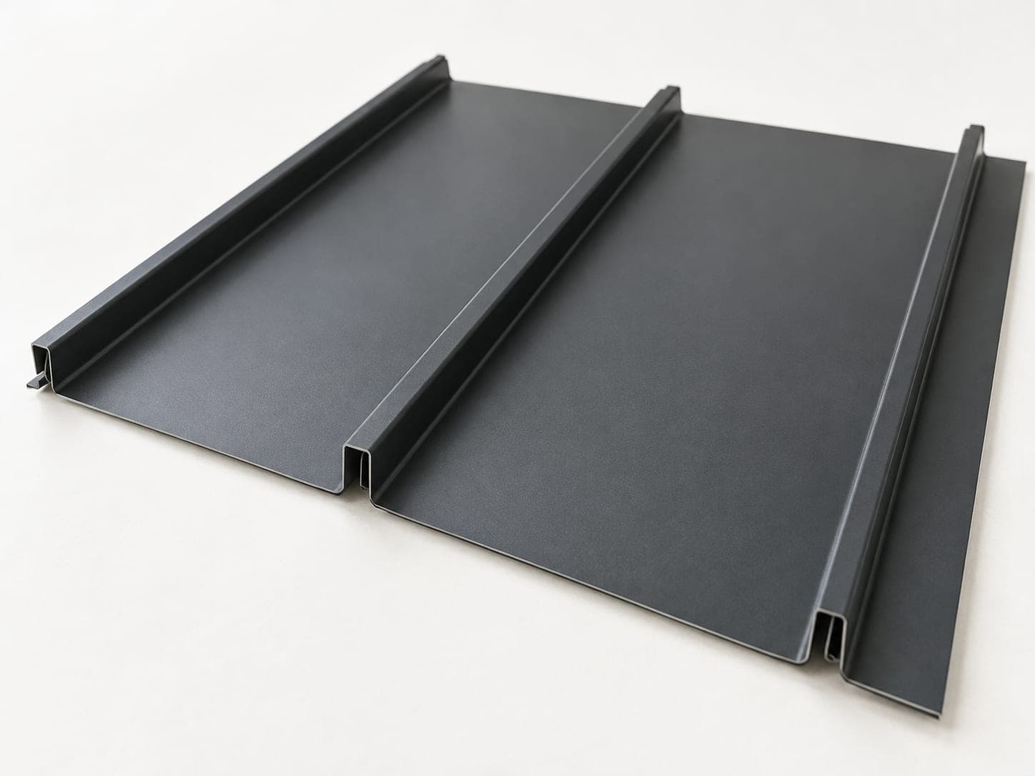 Close-up of standing seam metal roof panels with hidden fasteners