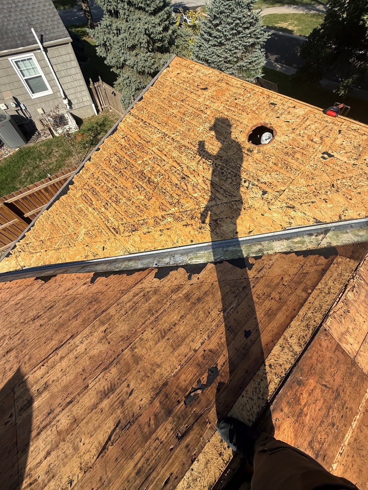 Exposed roof decking around a valley on a Prairie Village job