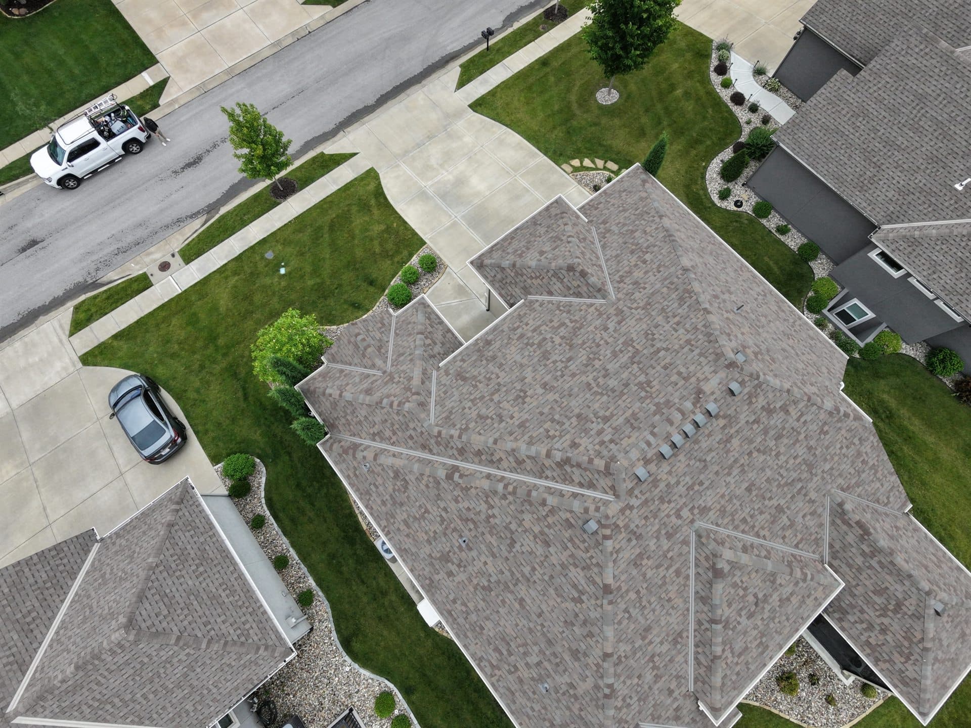 Aerial drone photo of a newly replaced roof in the Kansas City metro