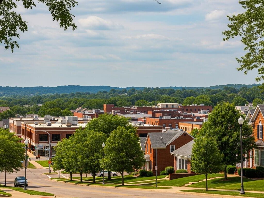 A view from a tree-lined hill over brick commercial buildings and homes with gray shingle roofs, with wooded hills on the horizon