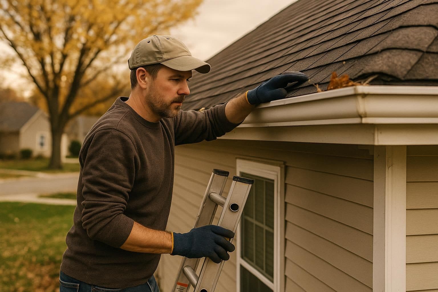 Homeowner checking gutters during seasonal roof maintenance