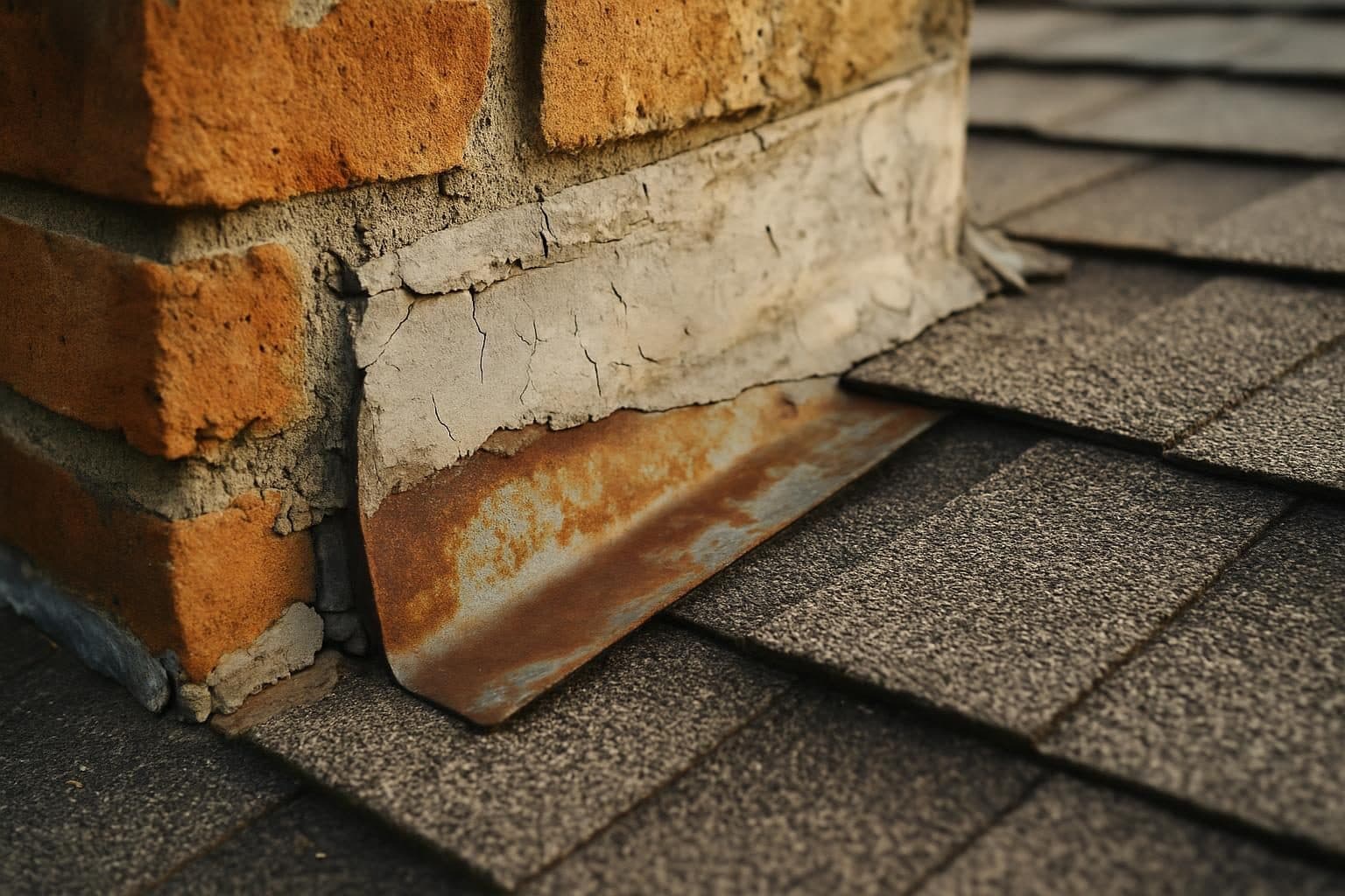 Deteriorated chimney flashing with visible gaps and cracked sealant