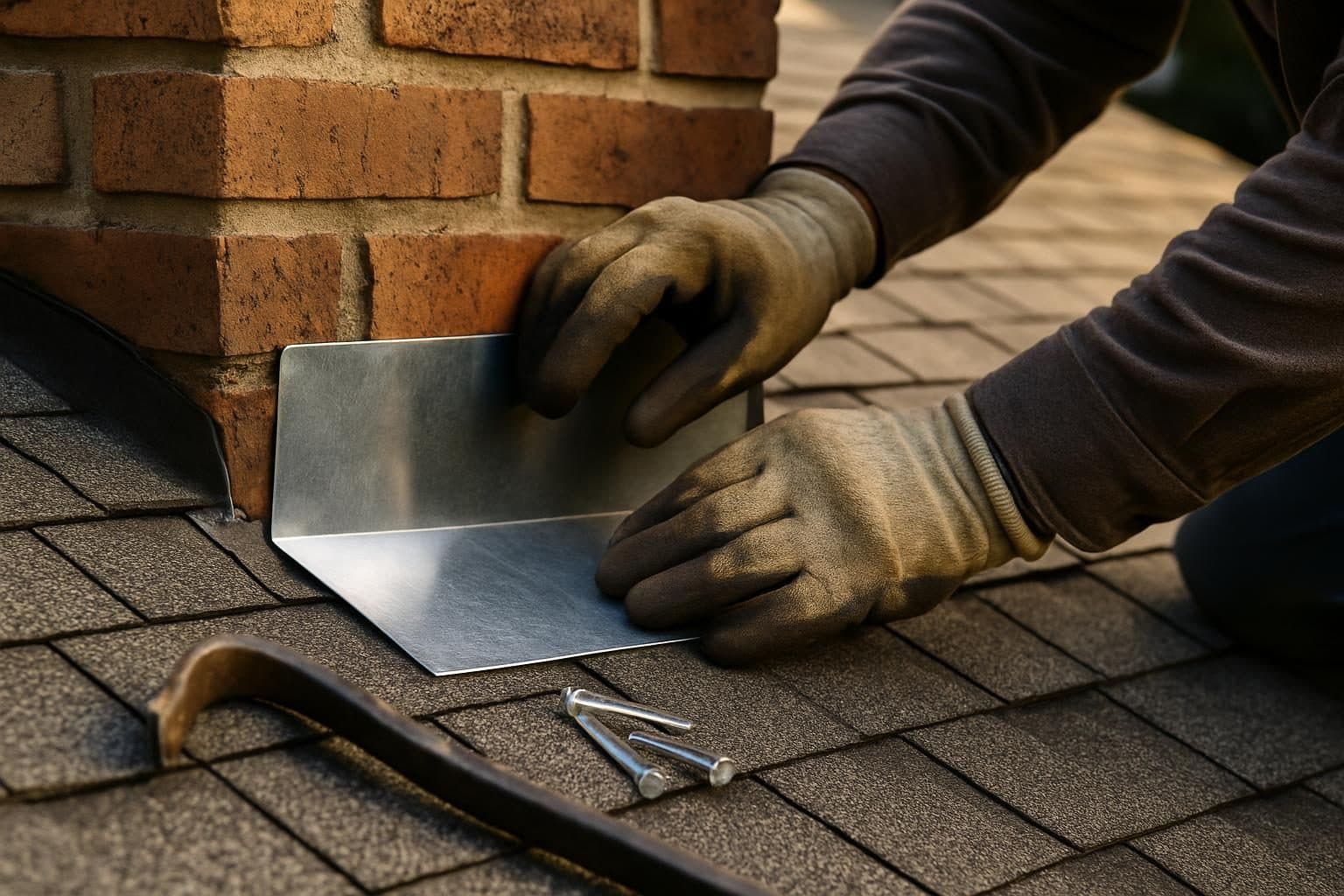 Professional roofer replacing flashing around a chimney