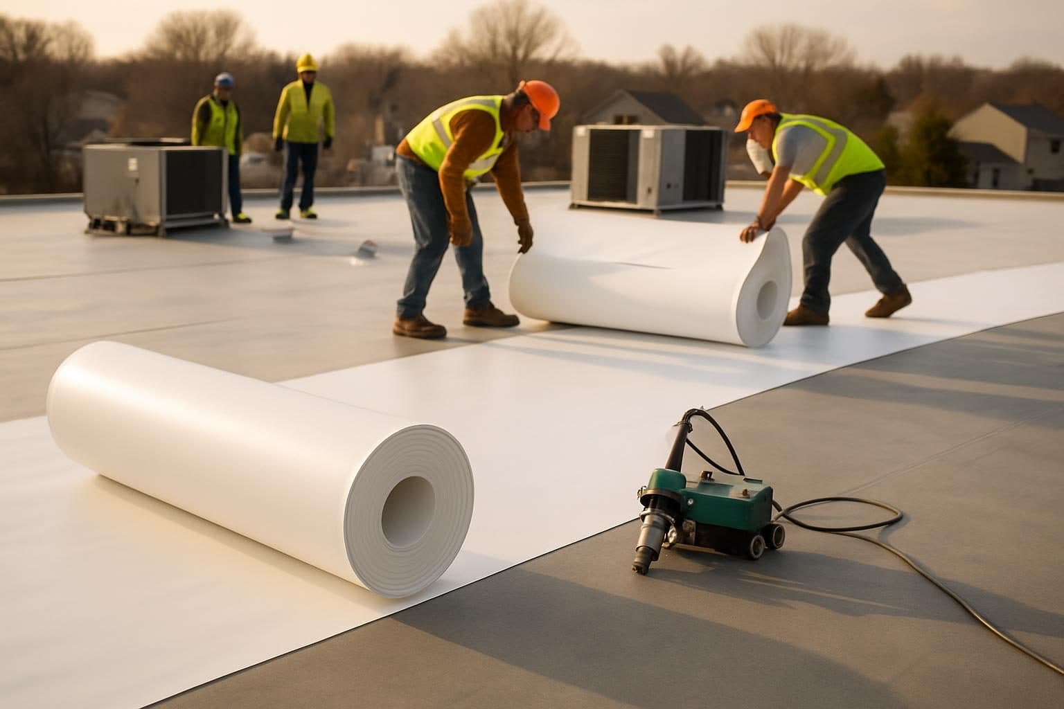 TPO flat roof installation on a commercial building