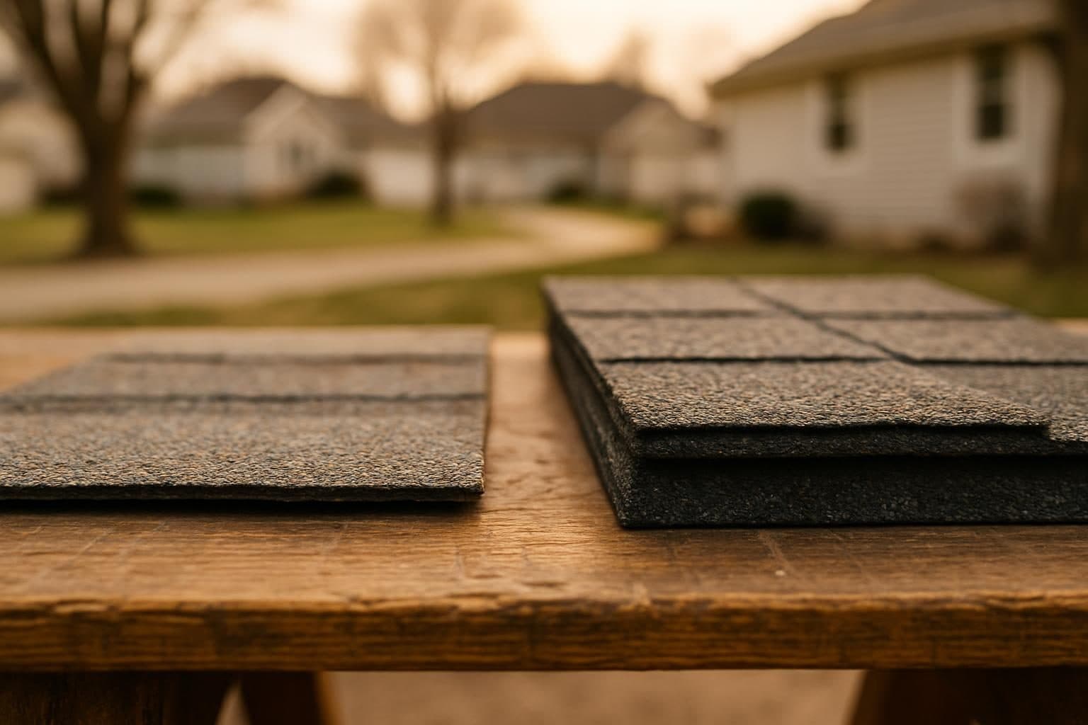 Close-up comparison of builder-grade vs premium shingles