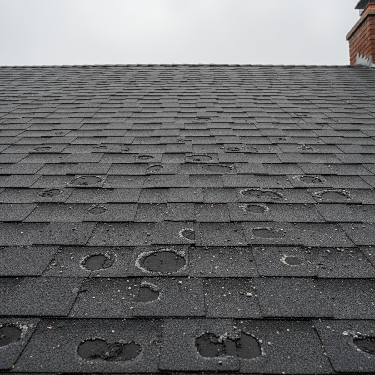 Hail-damaged roof shingles in Johnson County, Kansas