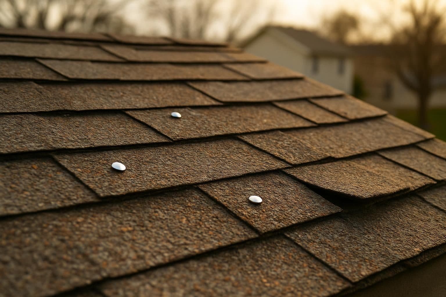 Poorly installed shingles with visible misalignment and exposed nails