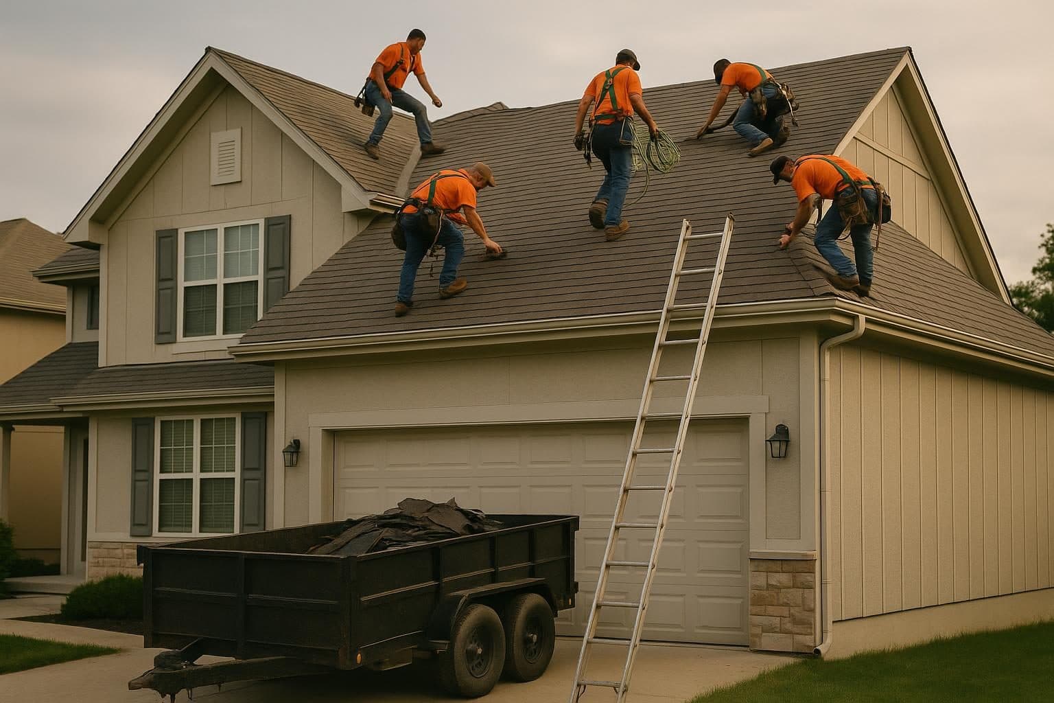 Professional roofing crew working on a residential Kansas home