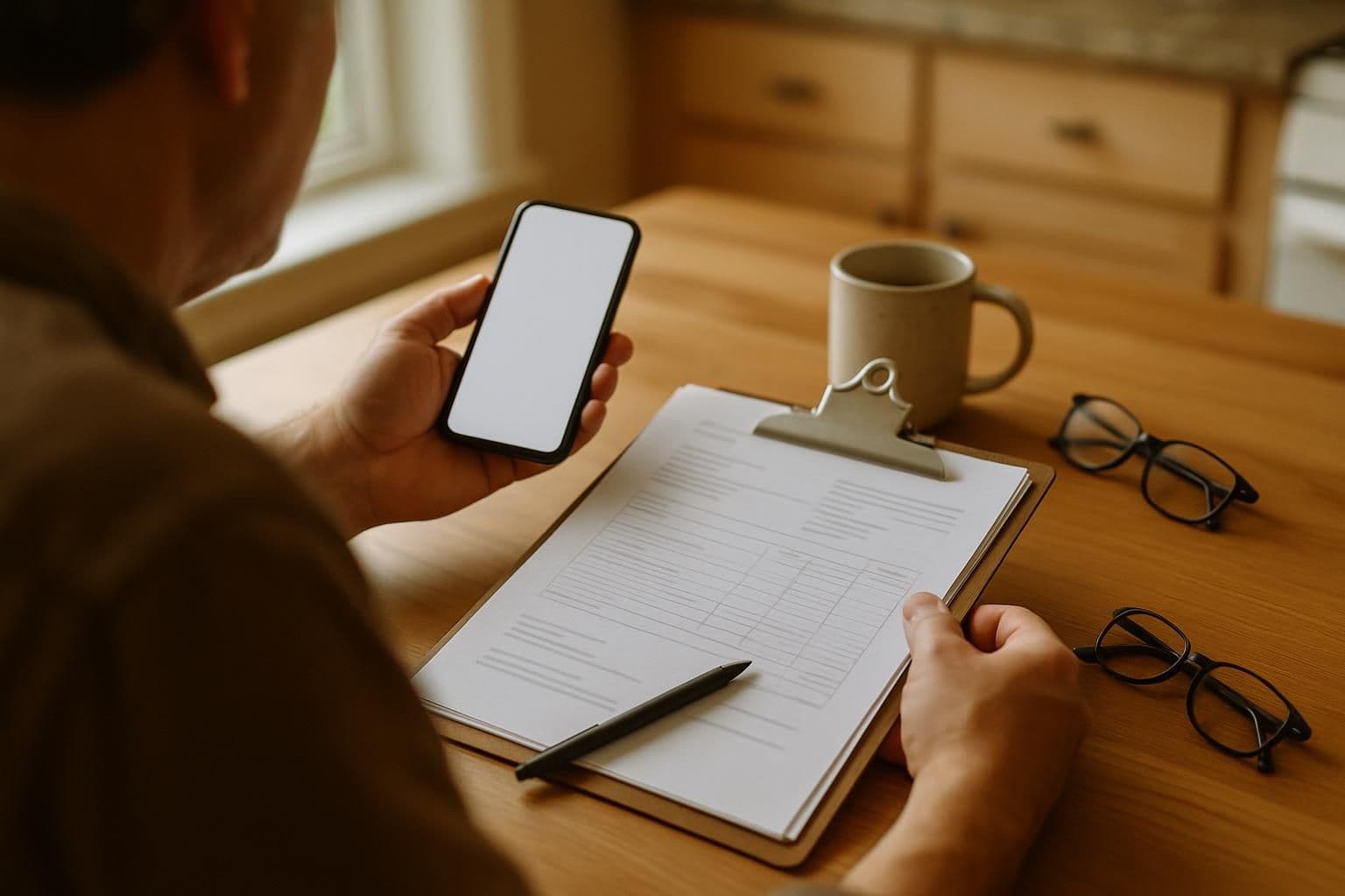 Homeowner reviewing a roofing contract and contractor credentials at a kitchen table