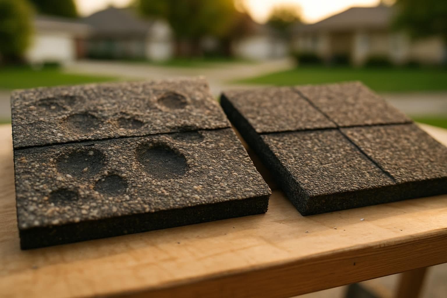 Comparison of hail damage on standard shingle versus impact-resistant shingle