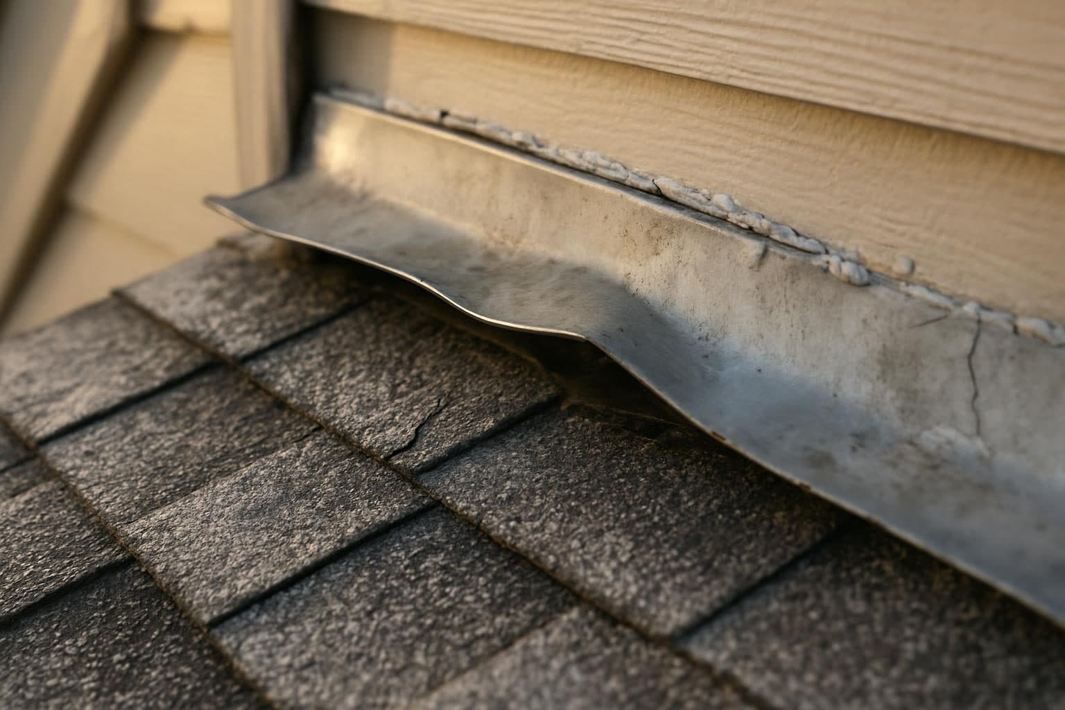 Damaged flashing caused by freeze-thaw cycling on a Kansas roof