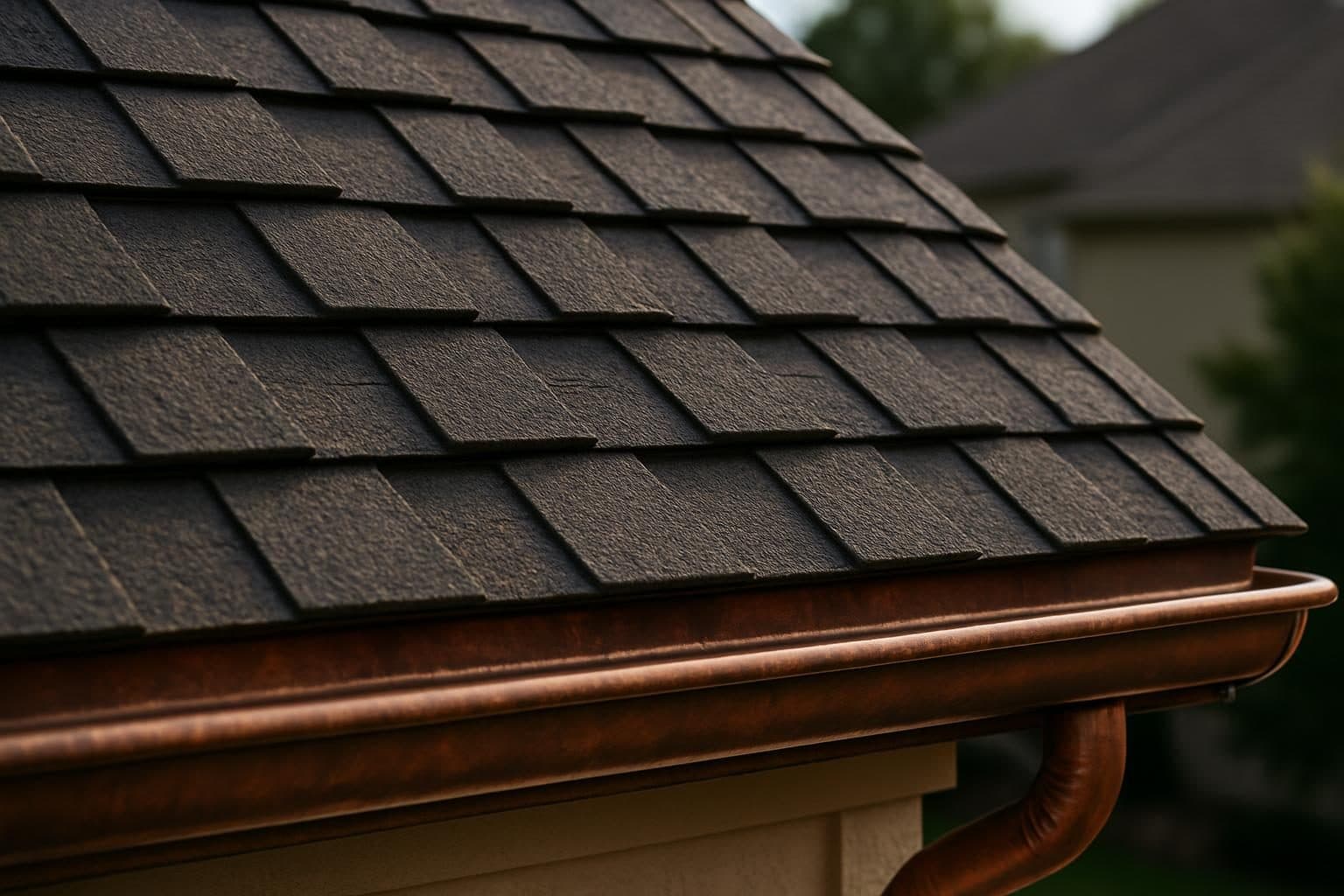 Premium designer shingles on an upscale Mission Hills home with copper accents