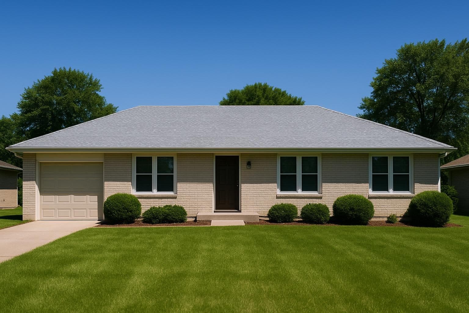 Kansas home with reflective roofing shingles in summer sunlight