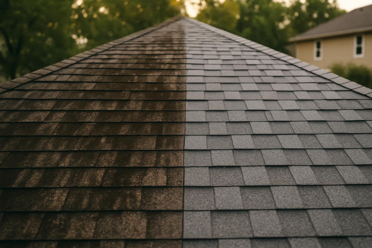Before and after comparison of algae-stained roof shingles