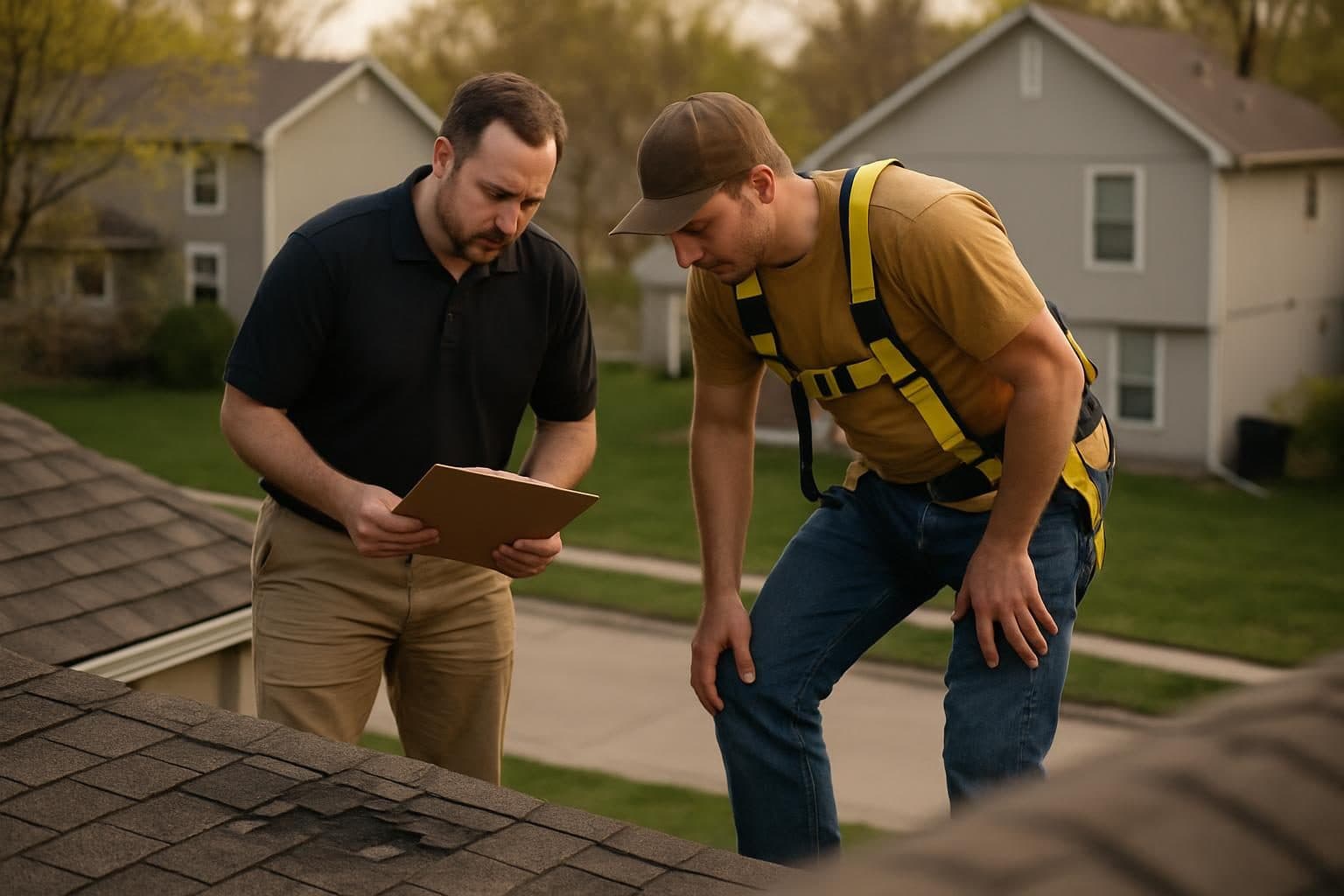 Insurance adjuster inspecting a roof with a contractor present