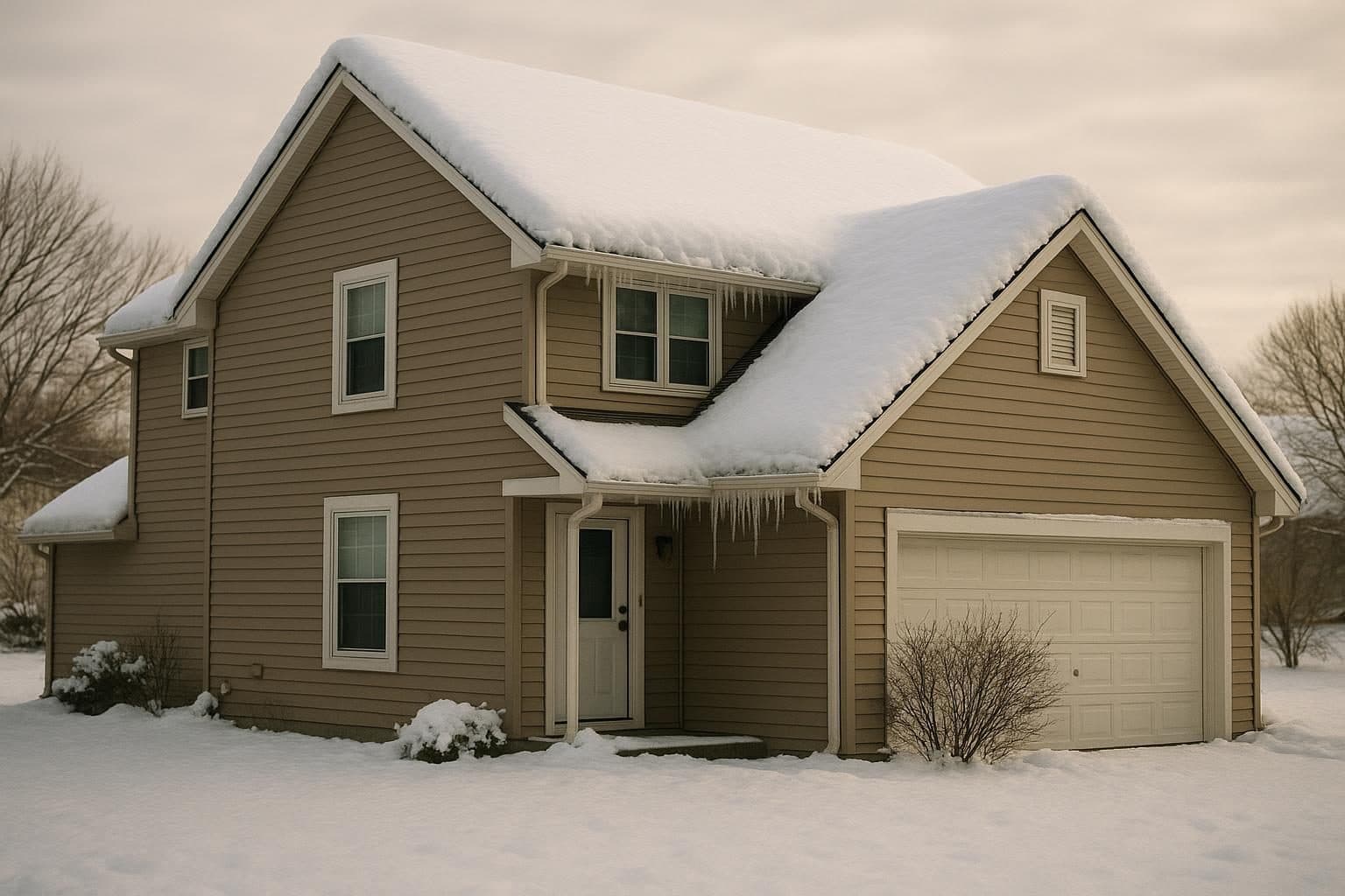 Snow-loaded roof on a Kansas home after a heavy winter storm
