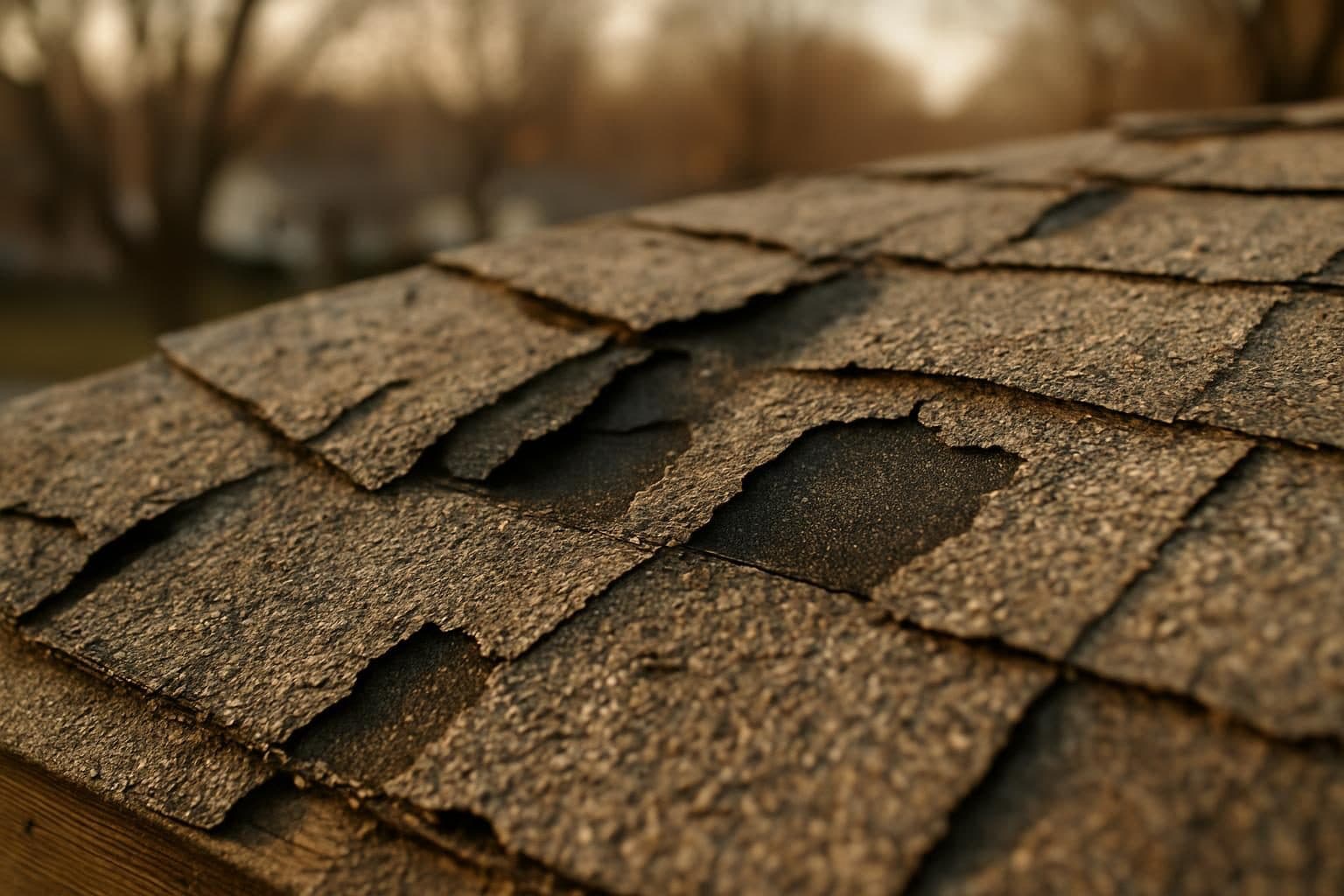 Close-up of weathered shingles showing granule loss and wear
