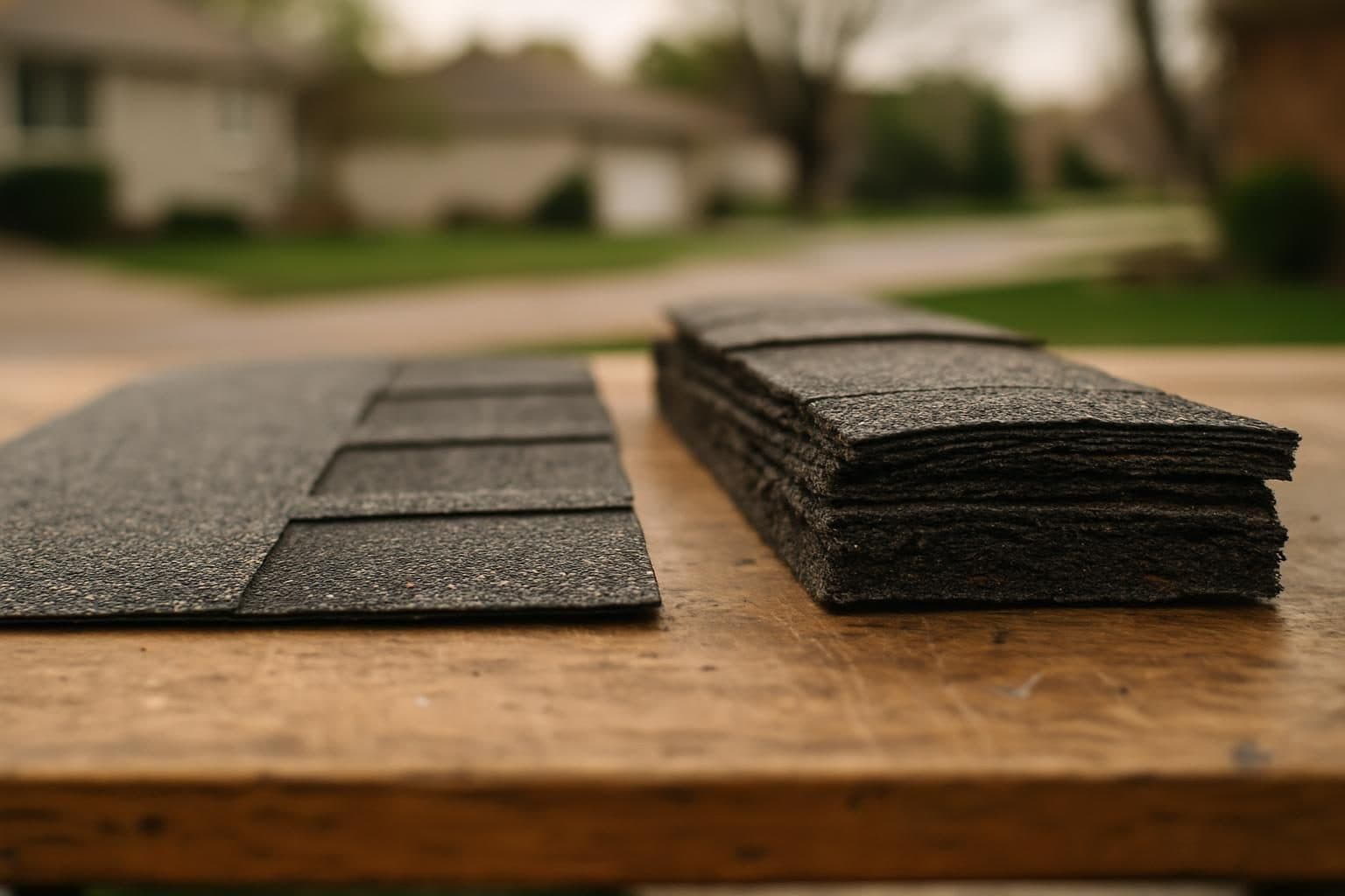 Close-up comparison of architectural versus 3-tab shingles