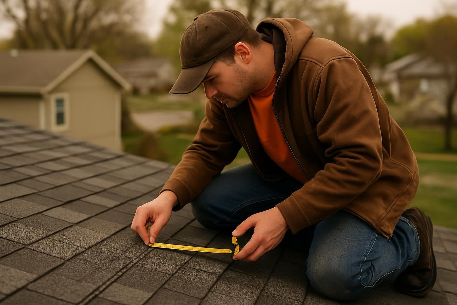 Roofer inspecting shingle installation quality