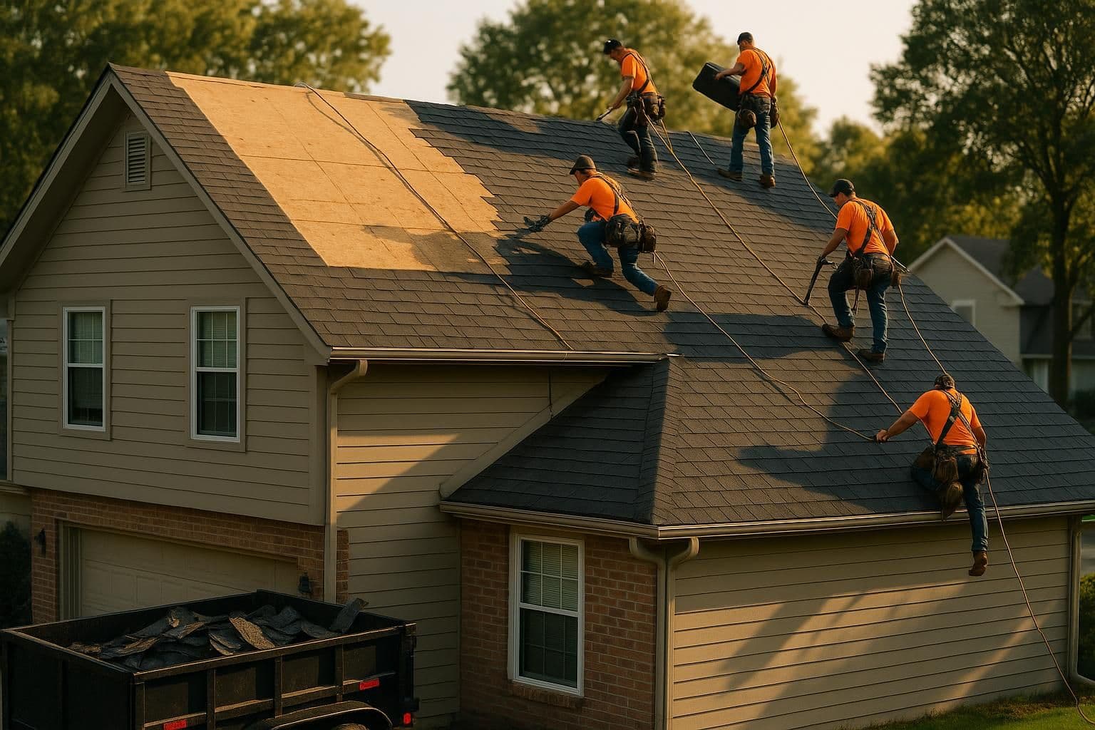 Roofing crew installing architectural shingles on a suburban Johnson County home