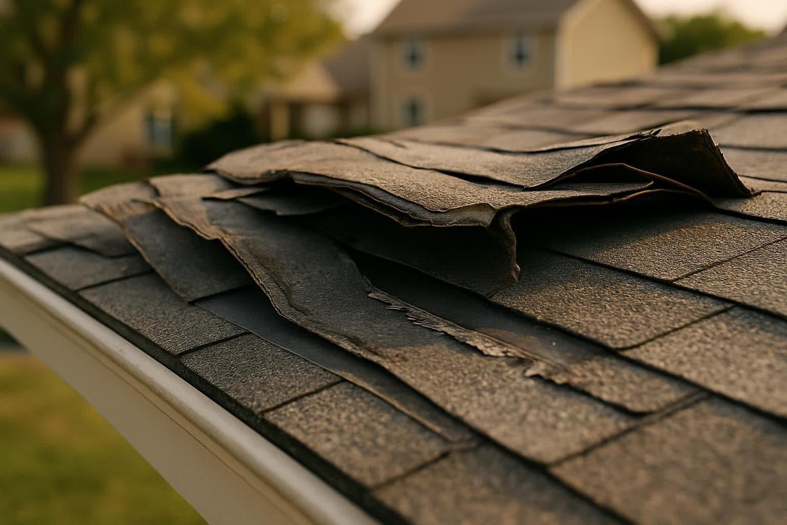 Wind-damaged shingles peeled back along a roof edge