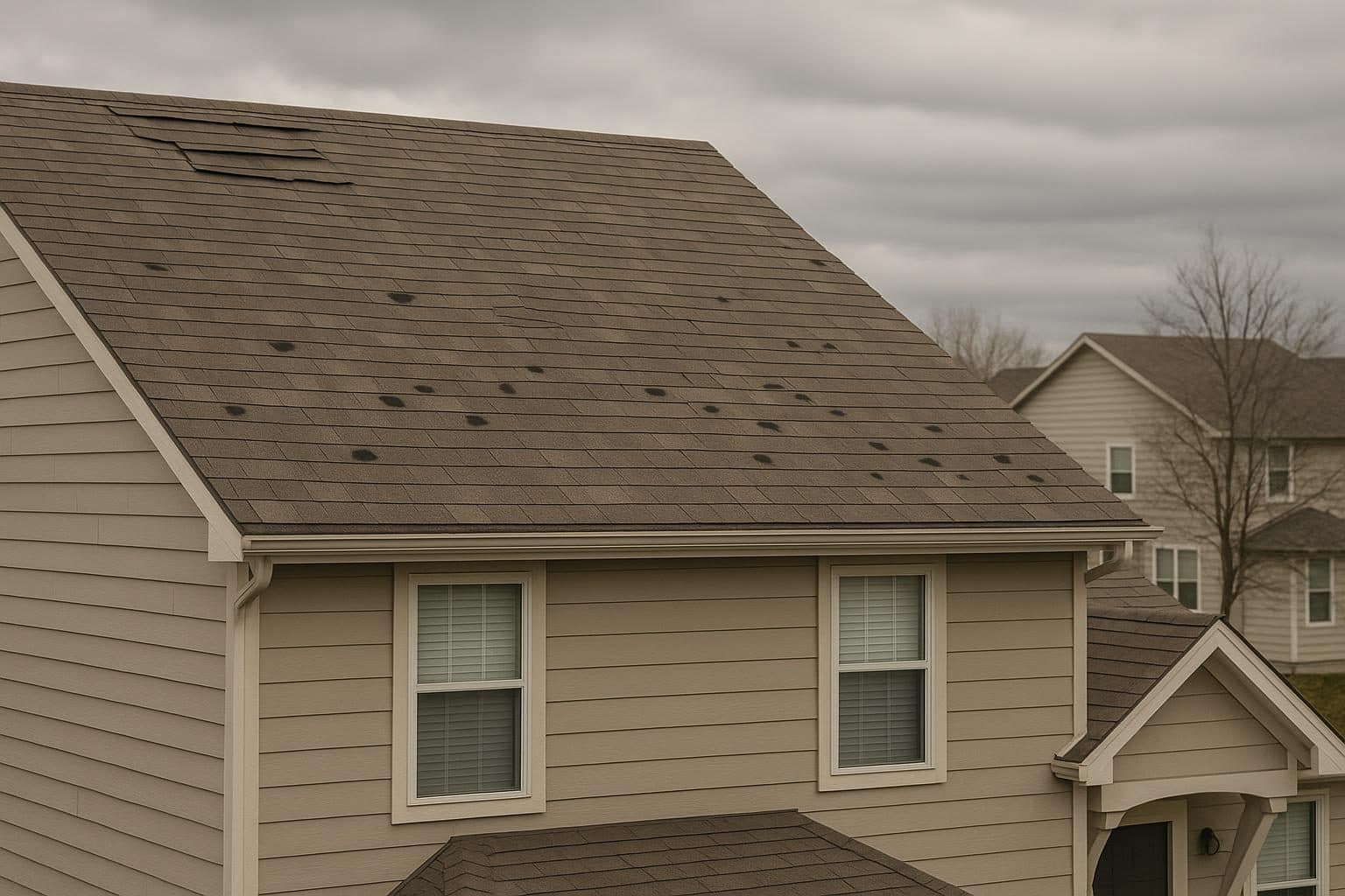Storm-damaged roof with both wind and hail indicators