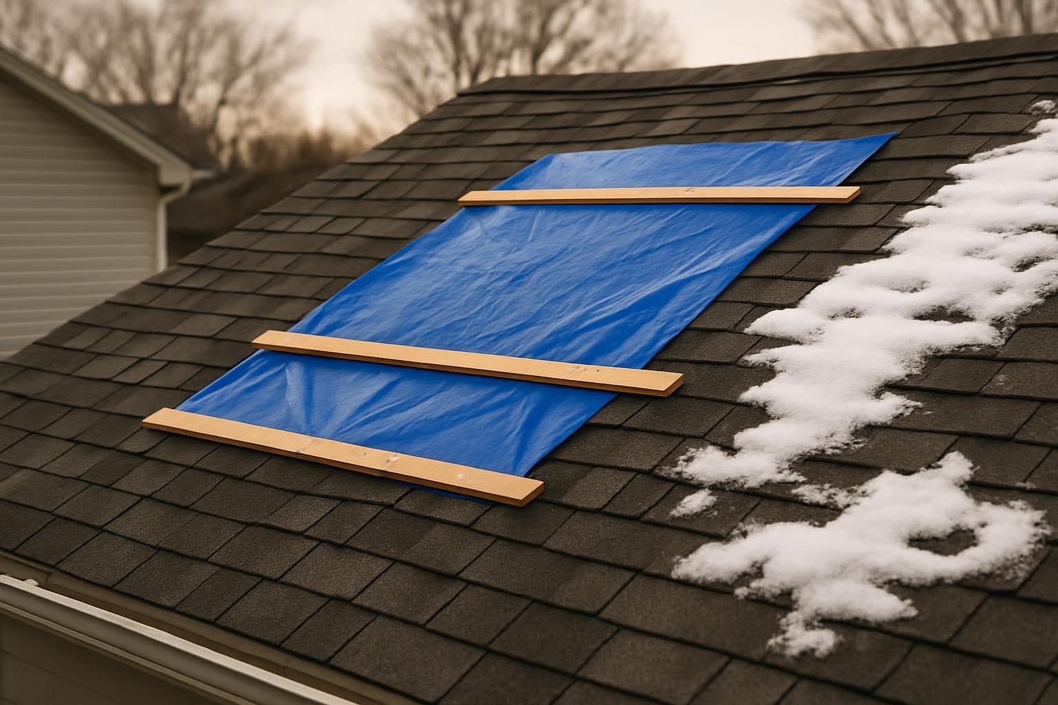 Emergency tarp covering a section of damaged roof during winter