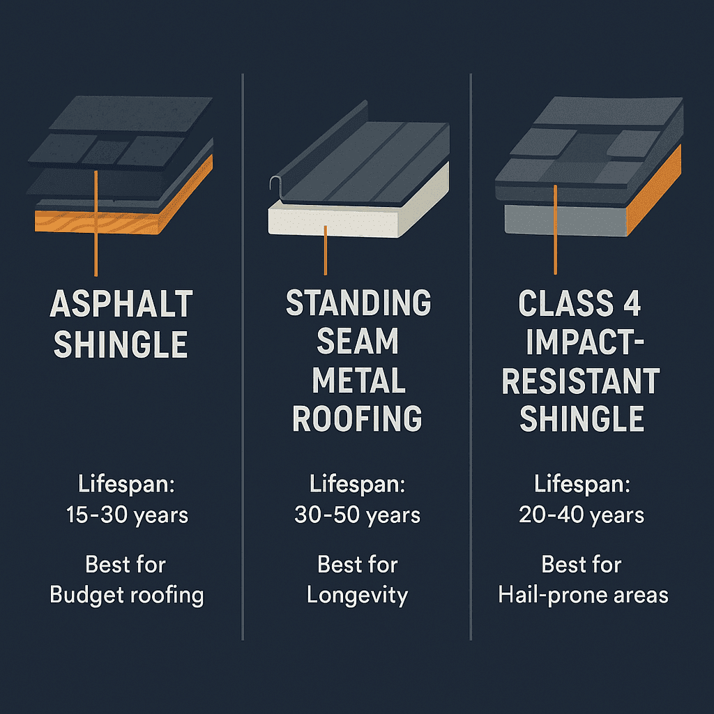 Diagram comparing asphalt shingle, standing seam metal, and Class 4 impact-resistant shingle roofing materials side-by-side with lifespan ranges and best-use notes for Kansas homes
