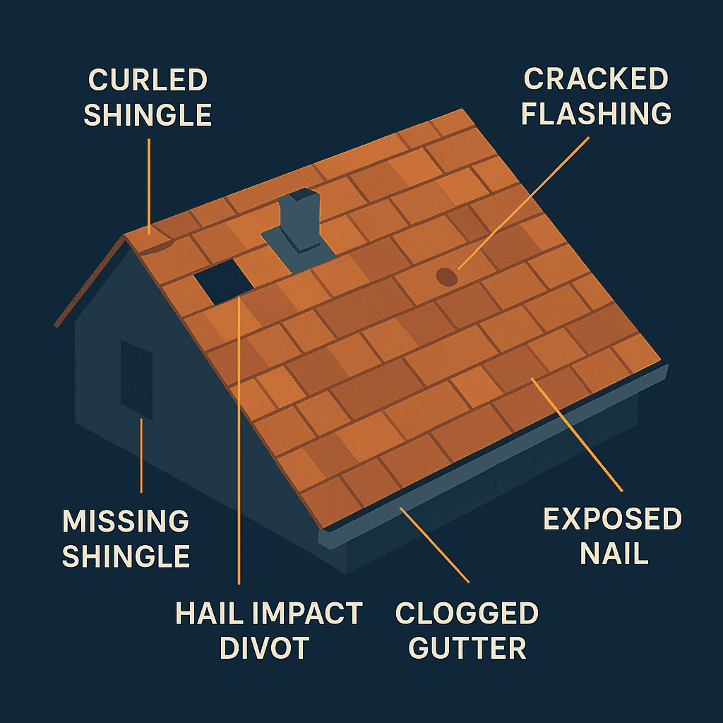 Illustrated diagram of six common types of residential roof damage labeled on a single house: curled shingle, missing shingle, hail impact divot, cracked flashing, clogged gutter, and exposed nail