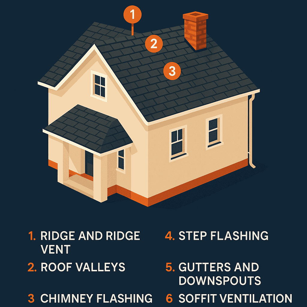 Roof inspection checklist diagram labeling six key areas MCO Roofing examines on every free inspection: ridge and ridge vent, roof valleys, chimney flashing, step flashing, gutters and downspouts, and soffit ventilation