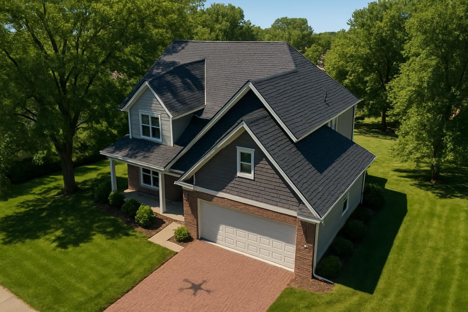 Aerial drone view of a Kansas suburban two-story home undergoing a free roof inspection by MCO Roofing, with the drone's shadow faintly visible on the driveway
