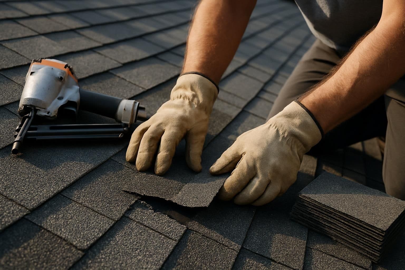 Close-up of an MCO Roofing technician's gloved hands replacing a damaged asphalt shingle on a Kansas residential roof with a roofing nail gun and a stack of replacement shingles nearby