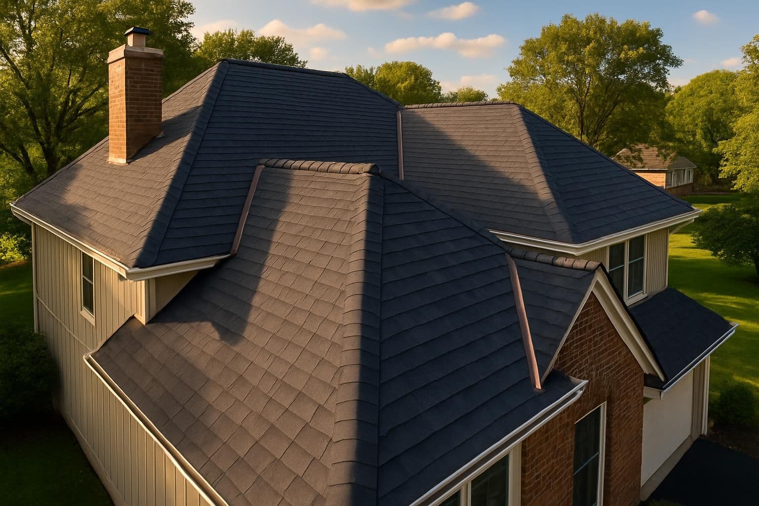 Aerial view of a newly installed dark charcoal asphalt shingle roof on a Johnson County, Kansas home after a complete roof replacement by MCO Roofing