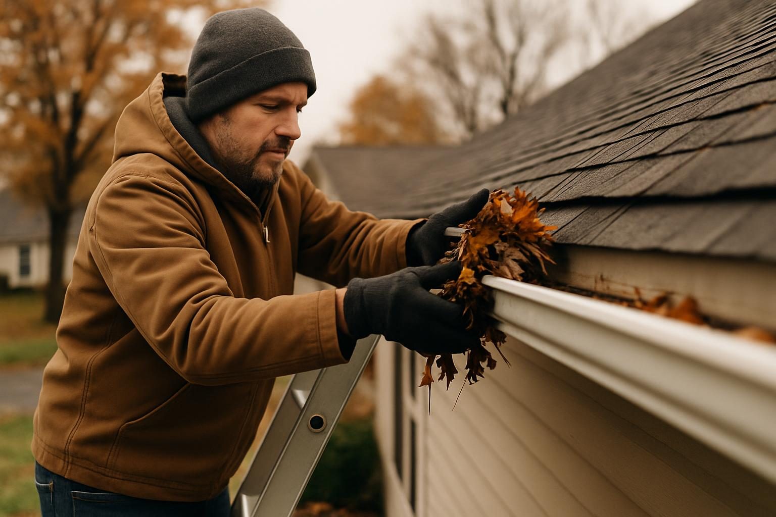 Homeowner clearing fall leaves from roof gutters