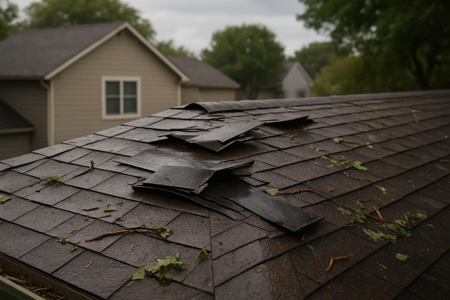 Wind-damaged shingles on a Kansas roof after a summer storm