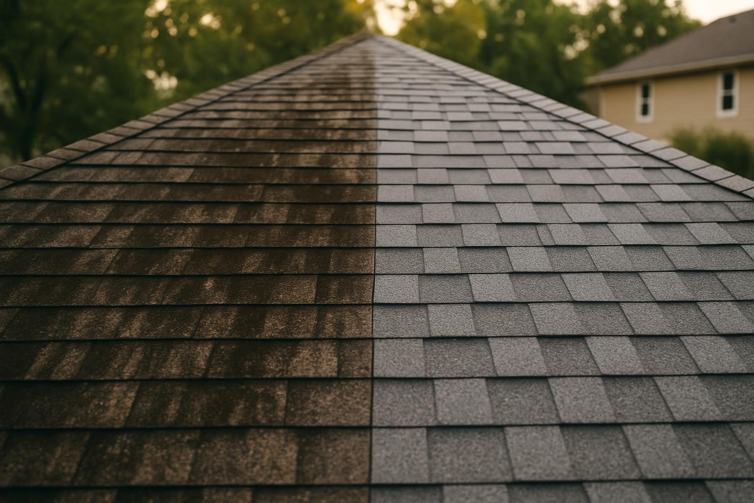 Before and after comparison of algae-stained roof shingles