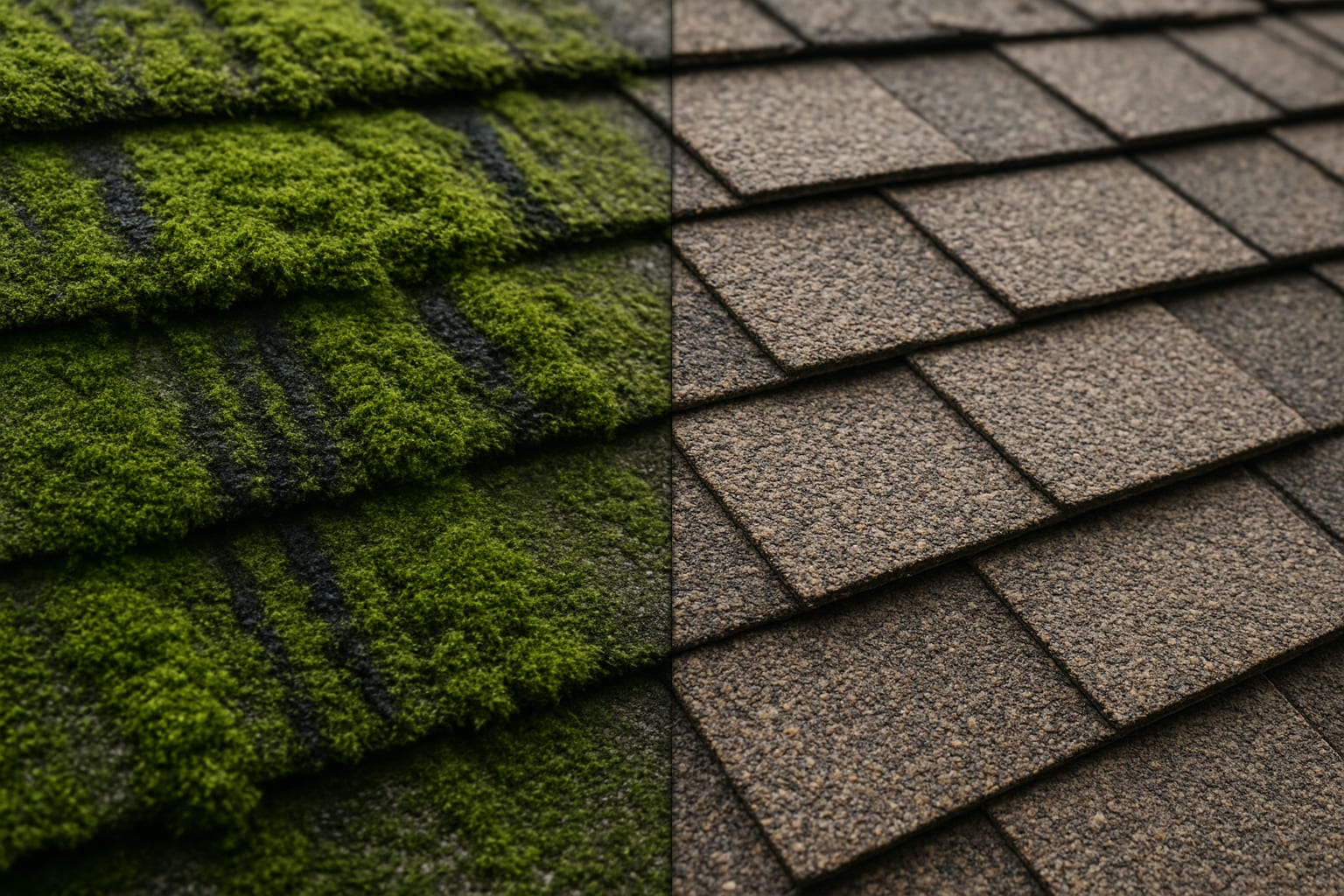 Black algae streaks on residential asphalt shingles