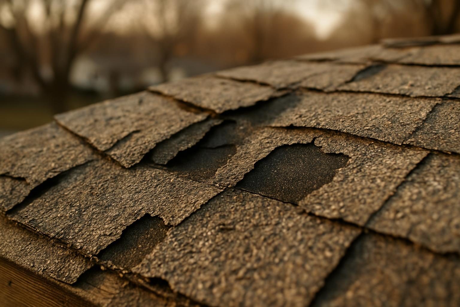 Close-up of weathered shingles showing granule loss and wear