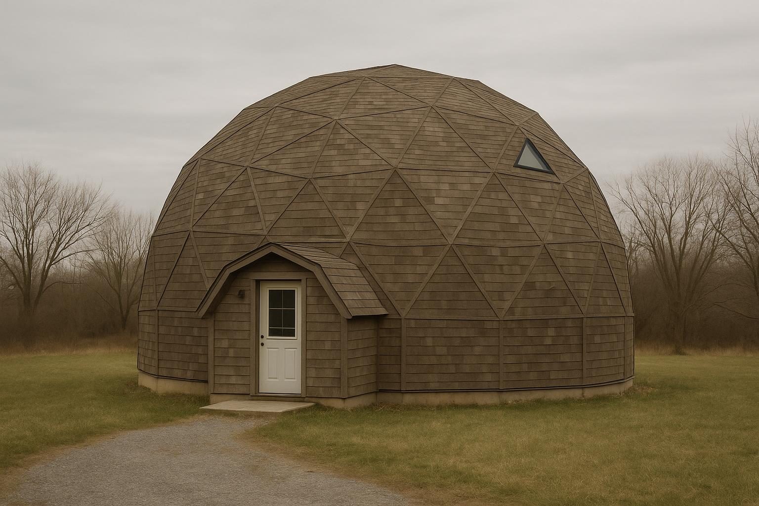 A residential geodesic dome home clad in triangular panels, showing the lattice of triangles across its curved surface